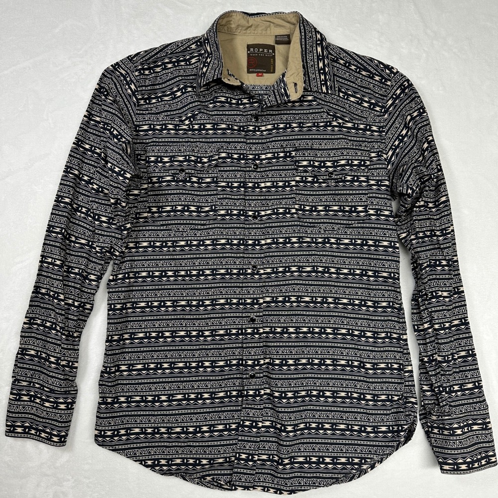 ROPER Pearl Snap Aztec Tribal Print Men's Medium Long Sleeve Button Down Shirt - Picture 2 of 13